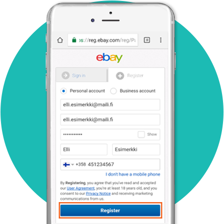Vaihe kaksi Ebay tunnuksen luomisessa